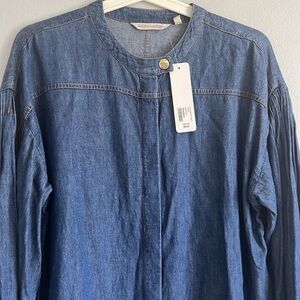 NTW Soft Surroundings Grotto Shirt Linen Pintuck Sleeve Snap Button Denim Sz M